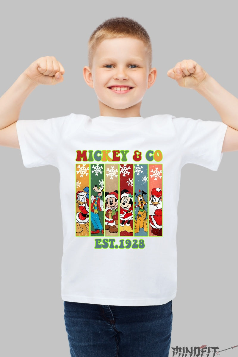 Tricou De Craciun Copii - Mickey & Co Sarbatoresc Din 1928 baiat alb