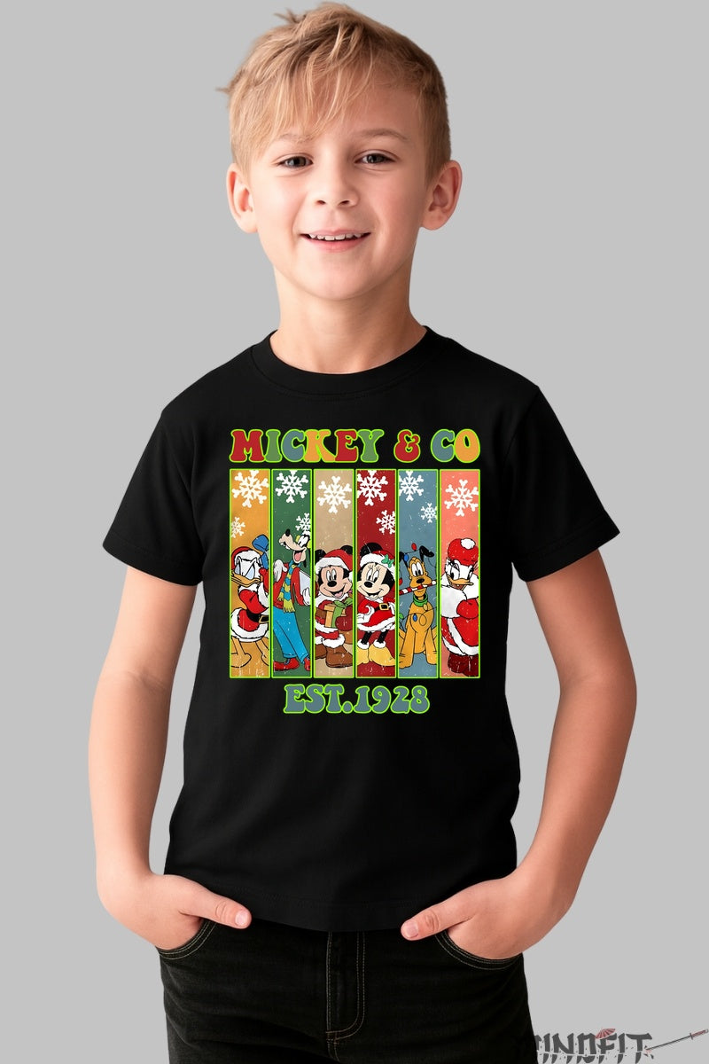 Tricou De Craciun Copii - Mickey & Co Sarbatoresc Din 1928 baiat negru