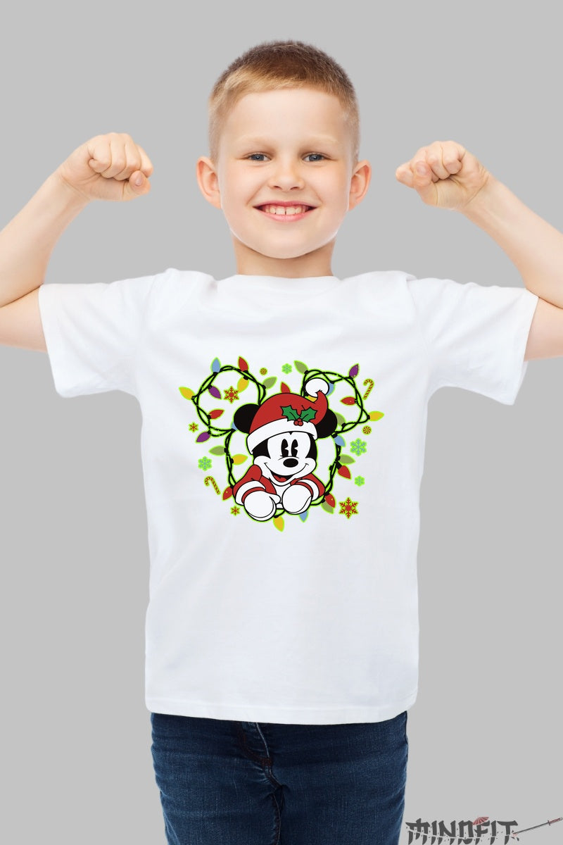 Tricou De Craciun Copii - Mickey Festiv Printre Luminite baiat alb