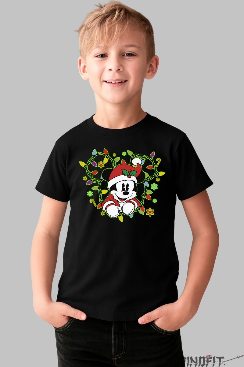 Tricou De Craciun Copii - Mickey Festiv Printre Luminite baiat negru