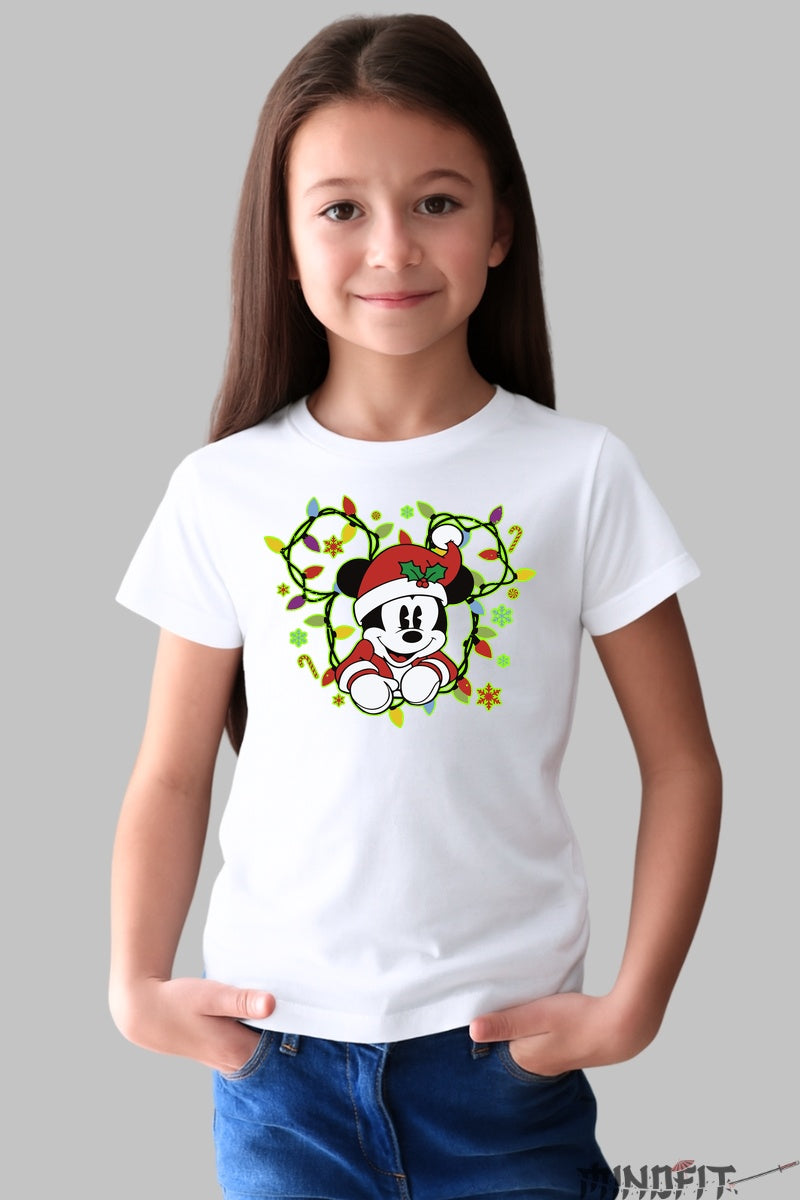 Tricou De Craciun Copii - Mickey Festiv Printre Luminite fata alb