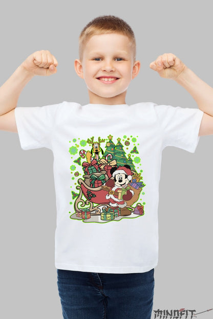 Tricou De Craciun Copii - Mickey Mos Craciun cu Pluto Vesel baiat alb