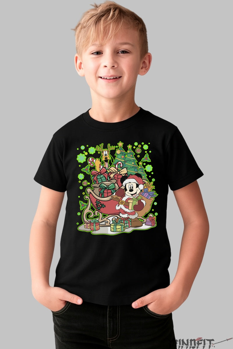 Tricou De Craciun Copii - Mickey Mos Craciun cu Pluto Vesel baiat negru