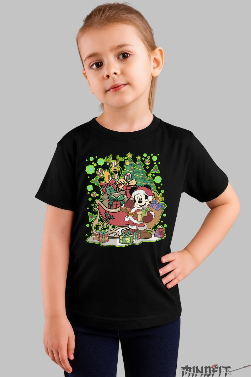 Tricou De Craciun Copii - Mickey Mos Craciun cu Pluto Vesel fata negru