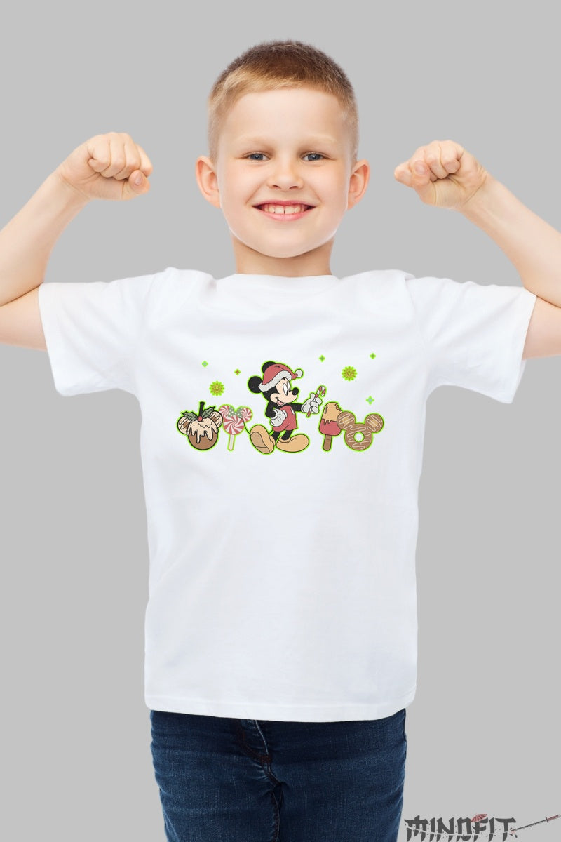 Tricou De Craciun Copii - Mickey si Dulciuri Festive baiat alb