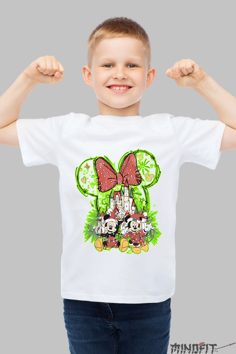 Tricou De Craciun Copii - Mickey si Minnie cu Castel Magic baiat alb