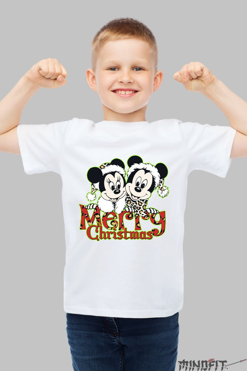 Tricou De Craciun Copii - Mickey si Minnie in Sarbatoare baiat alb
