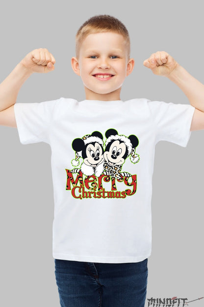 Tricou De Craciun Copii - Mickey si Minnie in Sarbatoare baiat alb