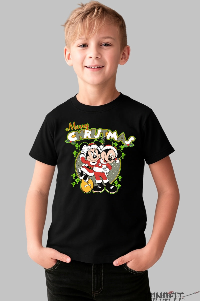 Tricou De Craciun Copii - Mickey Si Minnie Sarbatoresc baiat negru