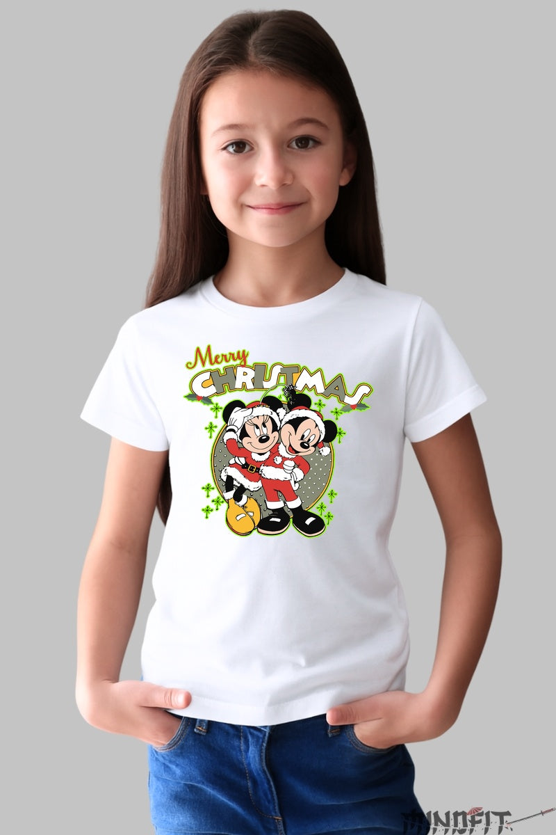 Tricou De Craciun Copii - Mickey Si Minnie Sarbatoresc fata alb