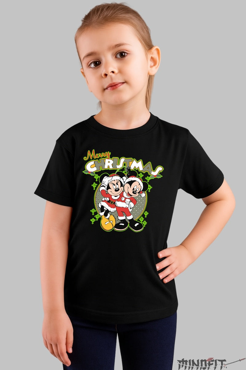 Tricou De Craciun Copii - Mickey Si Minnie Sarbatoresc fata negru