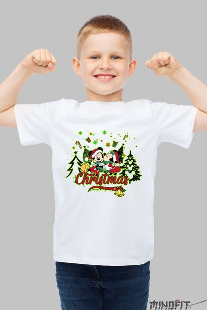 Tricou De Craciun Copii - Mickey Si Minnie Sarbatorind baiat alb