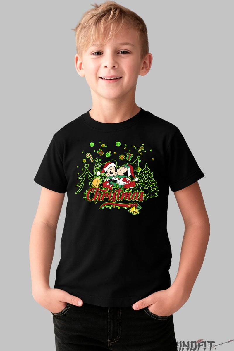 Tricou De Craciun Copii - Mickey Si Minnie Sarbatorind baiat negru
