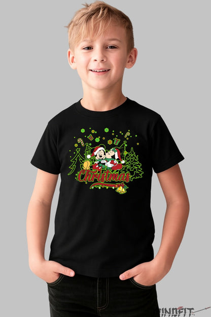 Tricou De Craciun Copii - Mickey Si Minnie Sarbatorind baiat negru