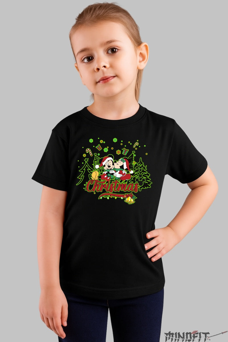 Tricou De Craciun Copii - Mickey Si Minnie Sarbatorind fata negru