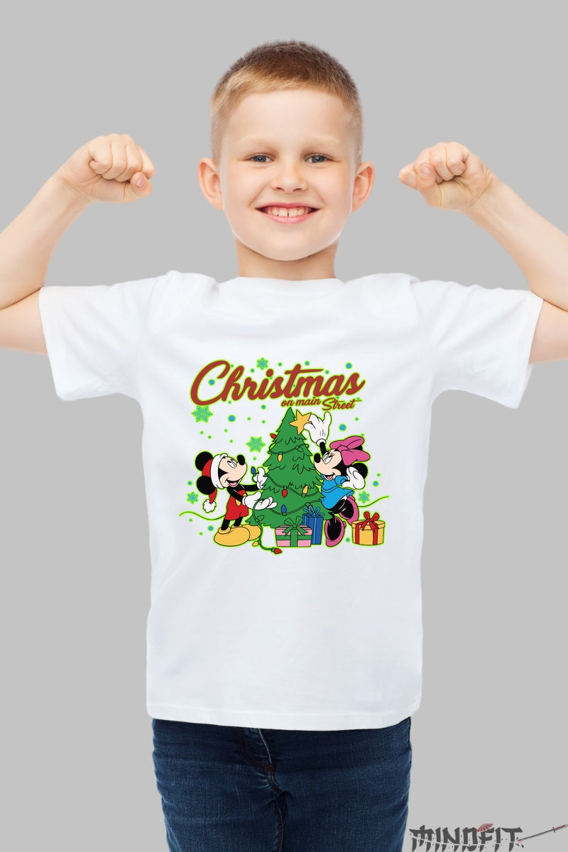 Tricou De Craciun Copii - Mickey Si Minnie Sub Bradul Fermecat baiat alb