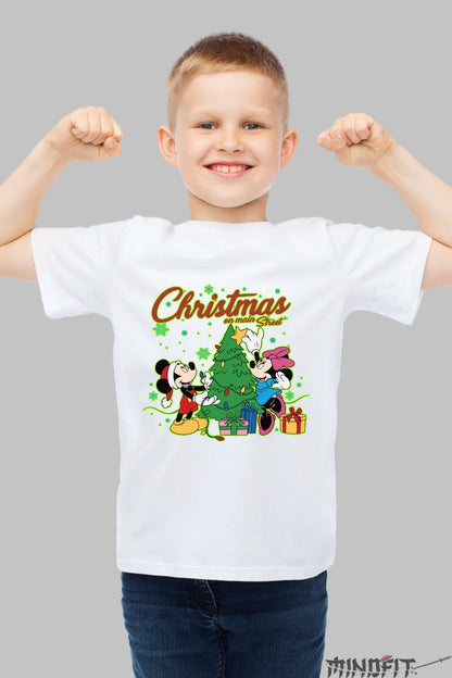 Tricou De Craciun Copii - Mickey Si Minnie Sub Bradul Fermecat baiat alb