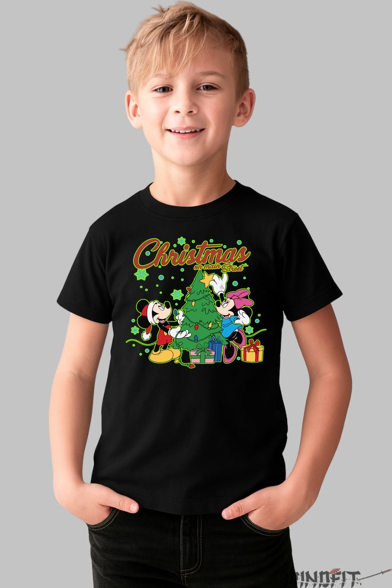 Tricou De Craciun Copii - Mickey Si Minnie Sub Bradul Fermecat baiat negru