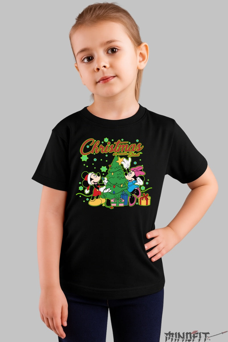 Tricou De Craciun Copii - Mickey Si Minnie Sub Bradul Fermecat fata negru