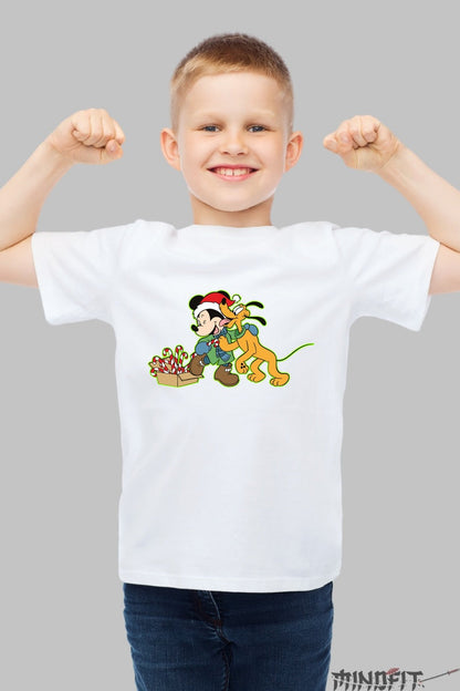 Tricou De Craciun Copii - Mickey Si Pluto In Spiritul Sarbatorilor baiat alb