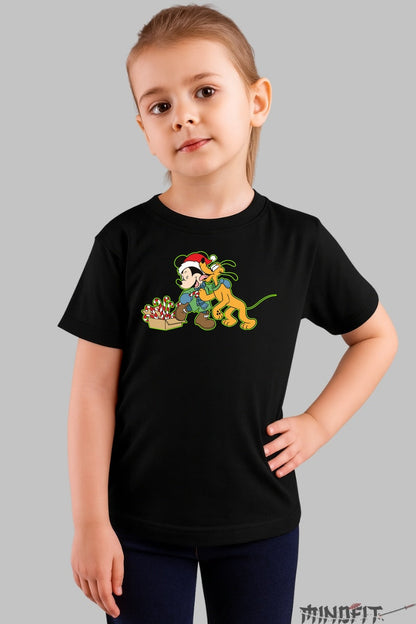 Tricou De Craciun Copii - Mickey Si Pluto In Spiritul Sarbatorilor fata negru