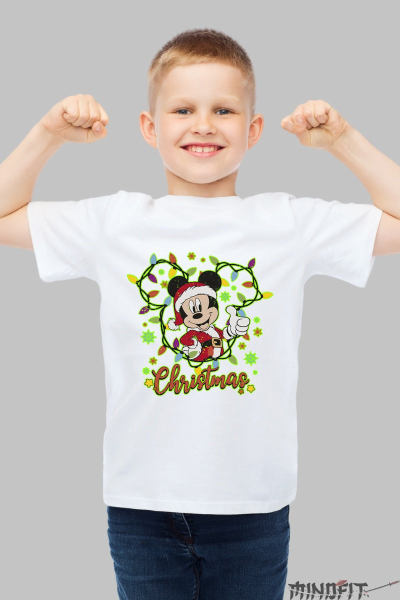 Tricou De Craciun Copii - Mickey Vesel cu Luminite baiat alb