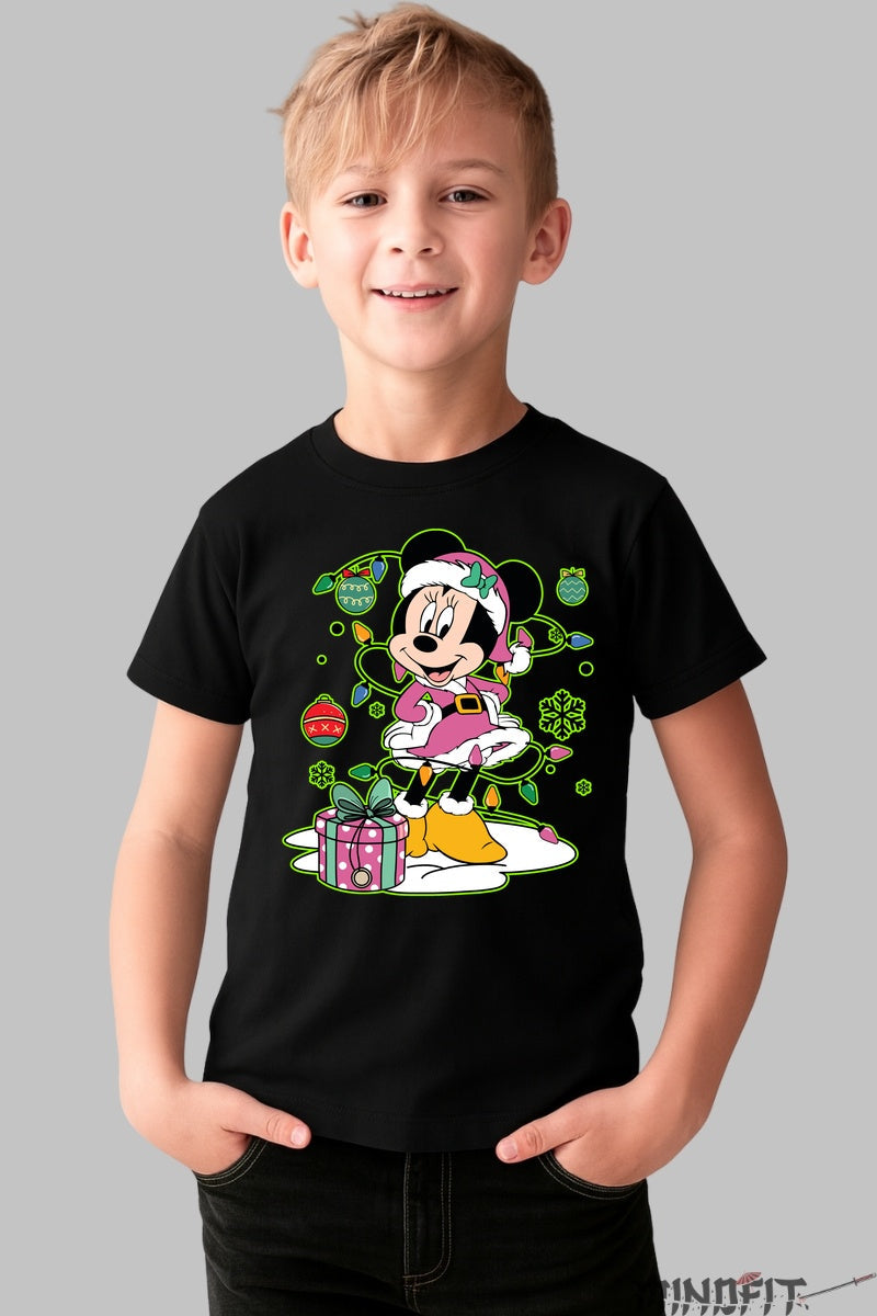 Tricou De Craciun Copii - Minnie Sarbatoreste cu Stil baiat negru