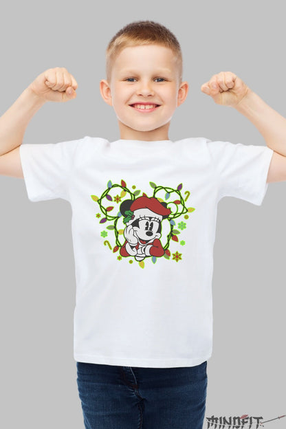 Tricou De Craciun Copii - Minnie Vesela Cu Caciula Rosie baiat alb