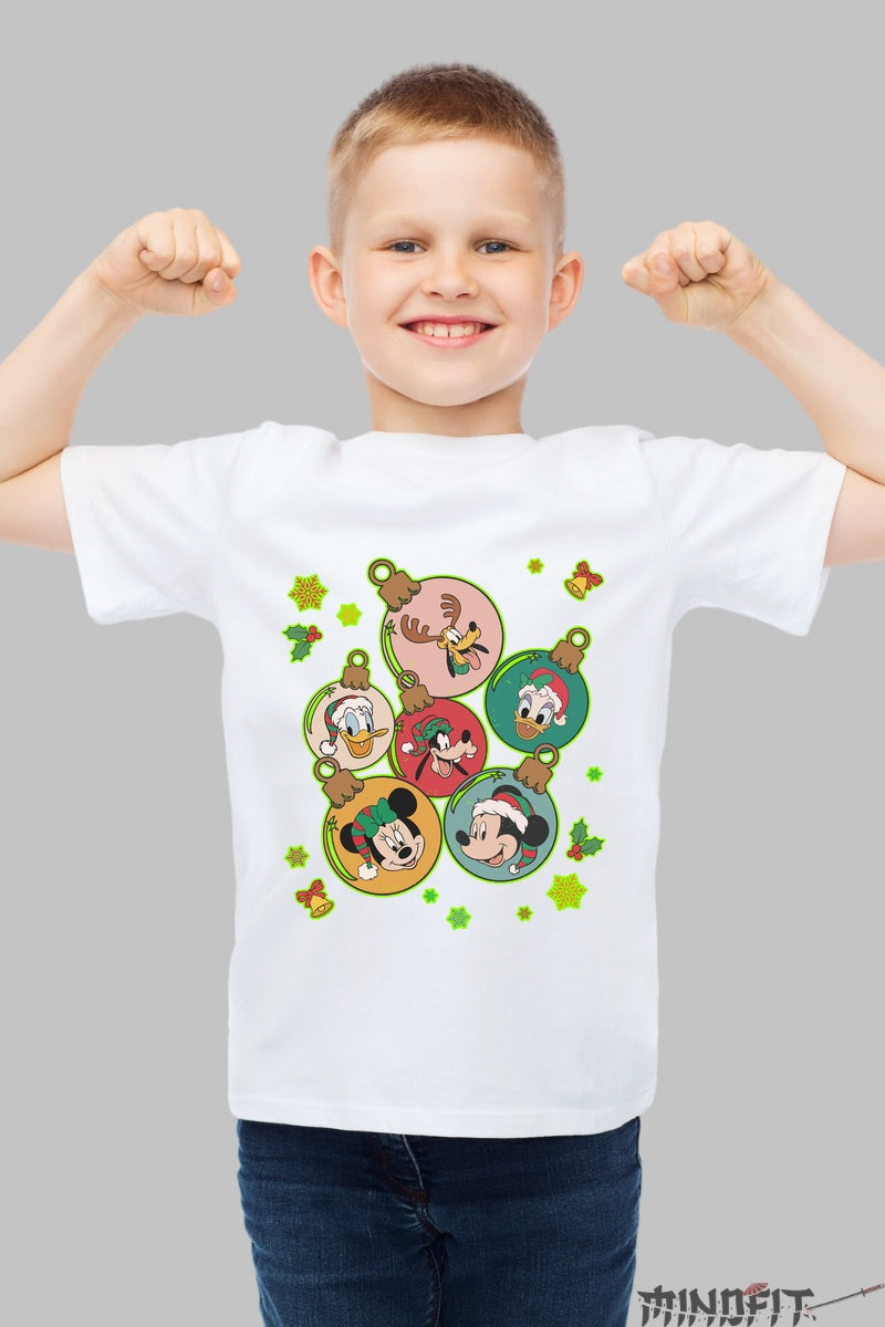 Tricou De Craciun Copii - Personaje Disney in Globuri Vesele baiat alb