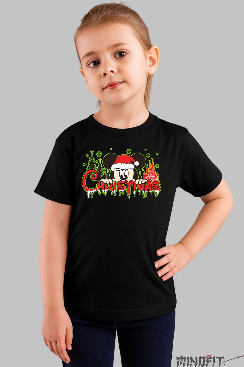 Tricou De Craciun Copii - Sarbatoare Magica Cu Urechi Vesele fata negru