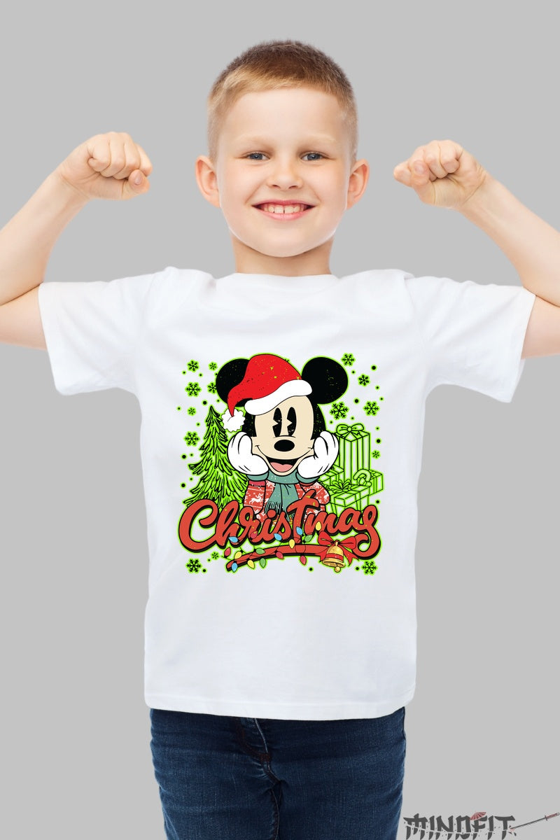 Tricou De Craciun Copii - Soricel Vesel cu Caciula Rosie baiat alb