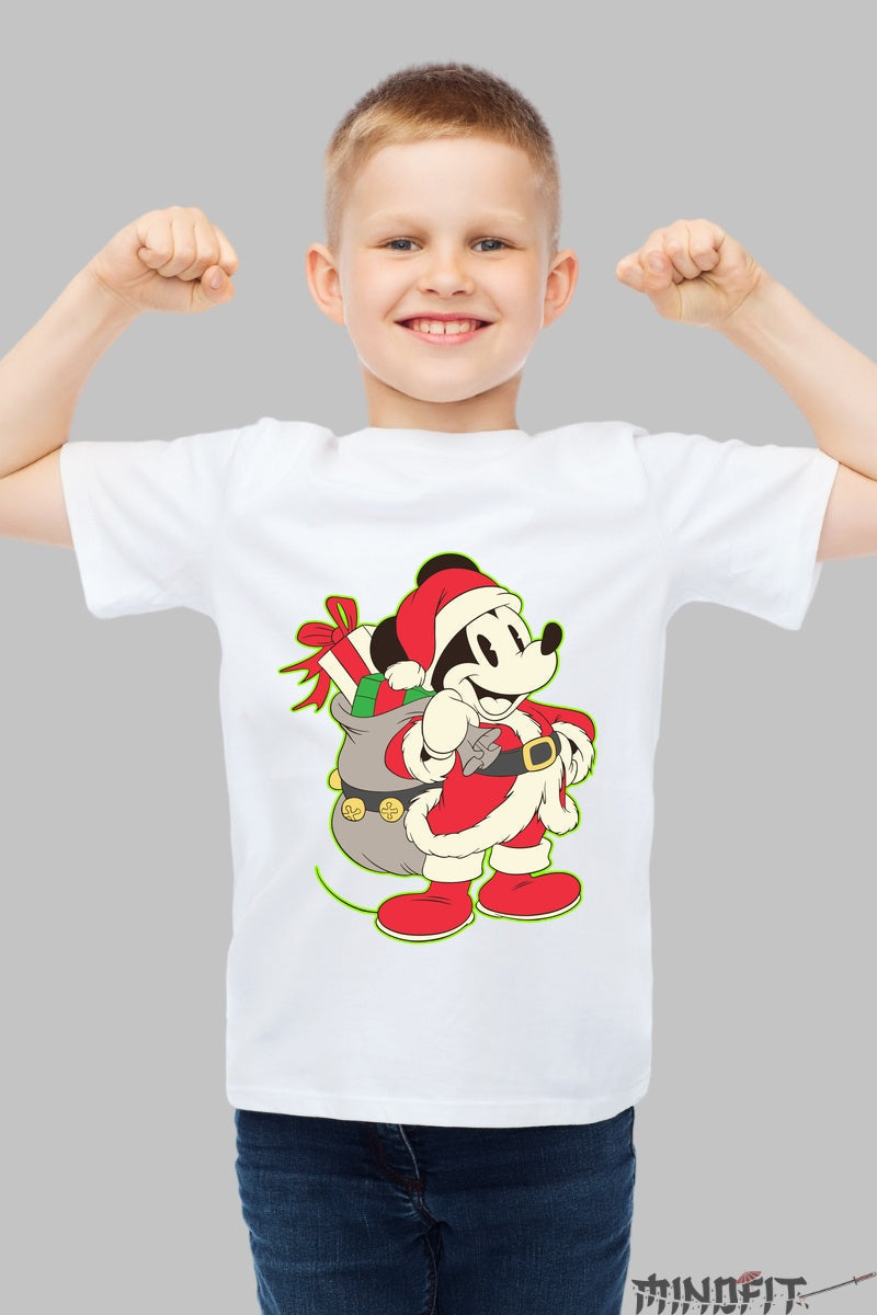 Tricou De Craciun Copii - Soricel Vesel cu Sac de Cadouri baiat alb