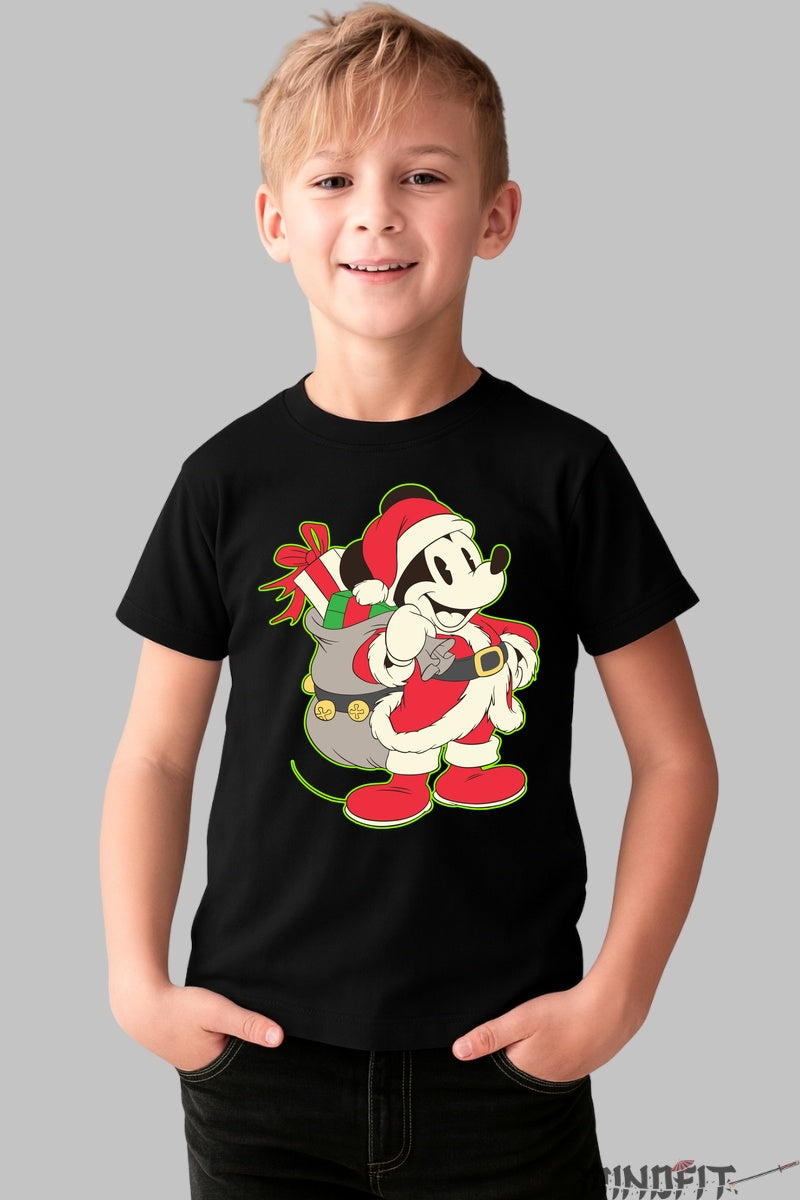 Tricou De Craciun Copii - Soricel Vesel cu Sac de Cadouri baiat negru