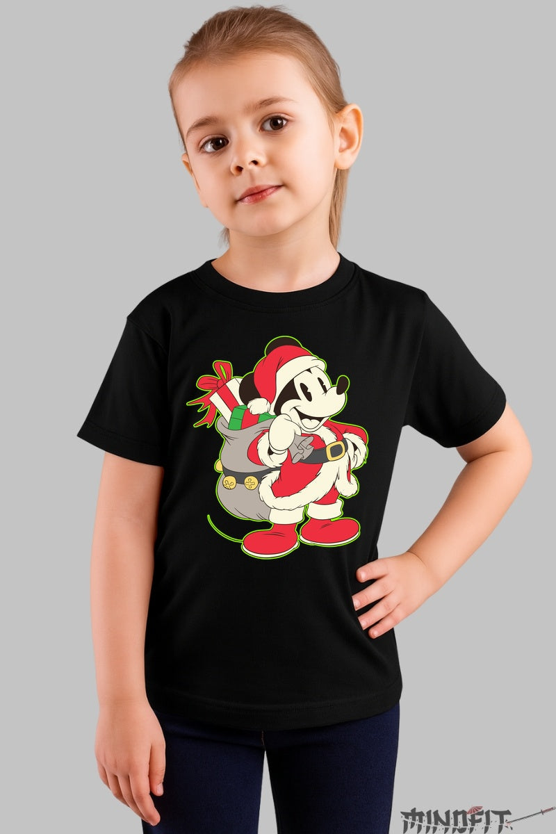 Tricou De Craciun Copii - Soricel Vesel cu Sac de Cadouri fata negru