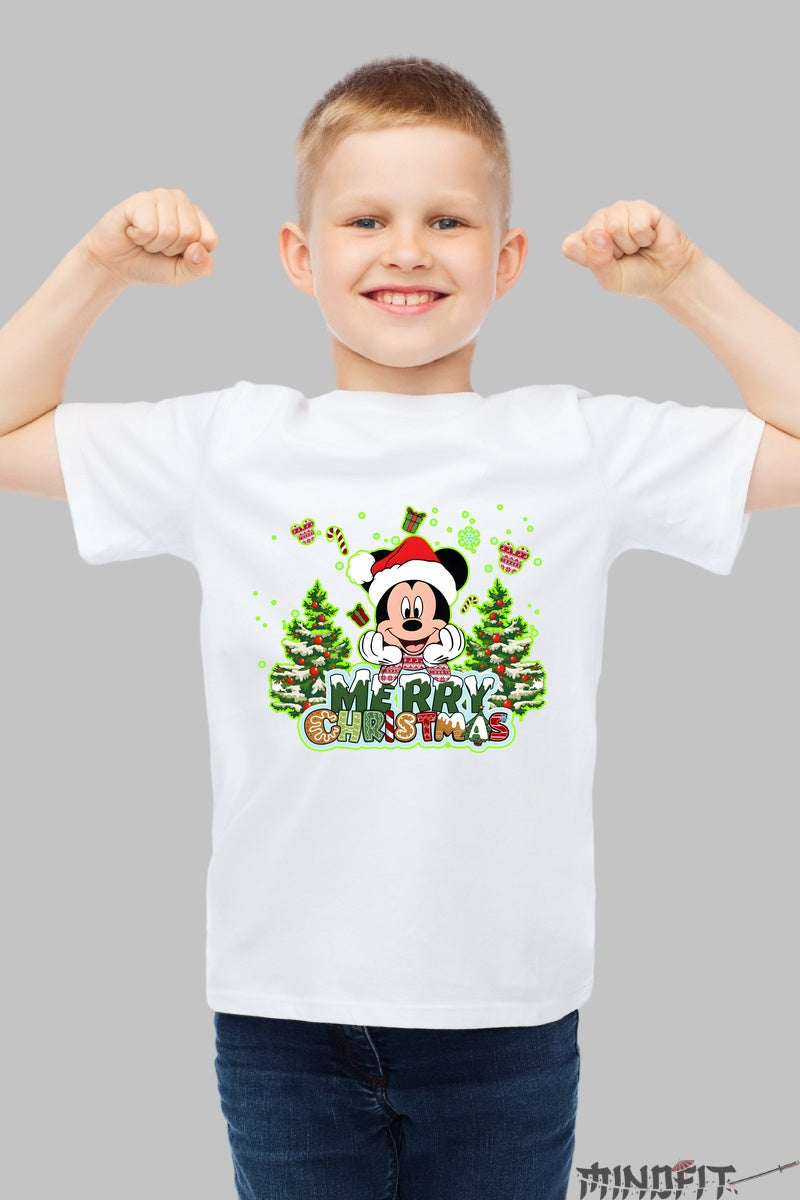 Tricou De Craciun Copii - Soricelul Vesel si Bradutii Magici baiat alb