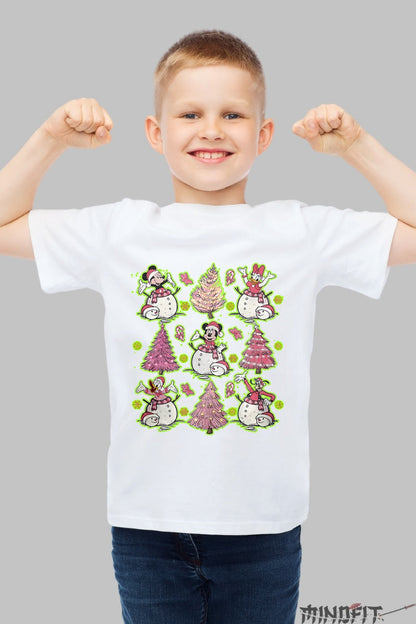 Tricou De Craciun Copii - Spiridusi Veseli si Braduti Roz baiat alb