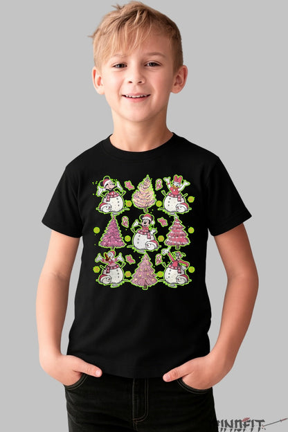 Tricou De Craciun Copii - Spiridusi Veseli si Braduti Roz baiat negru