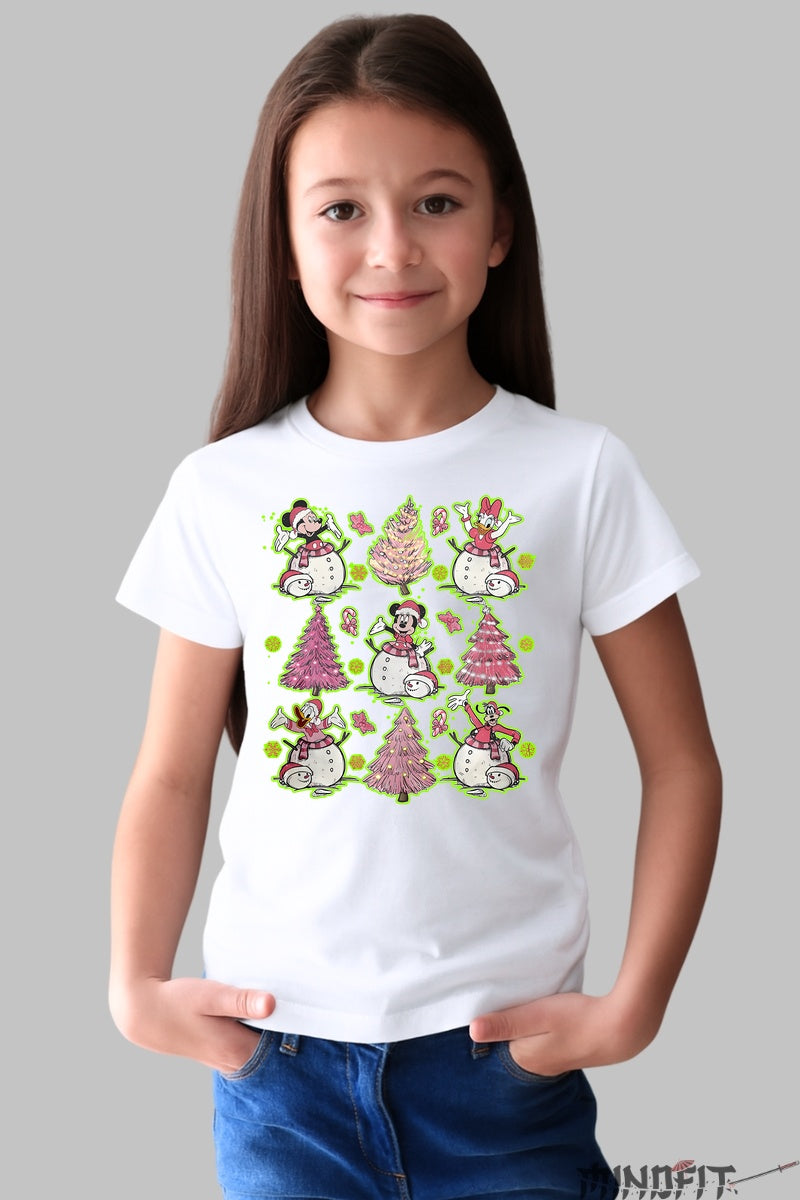 Tricou De Craciun Copii - Spiridusi Veseli si Braduti Roz fata alb
