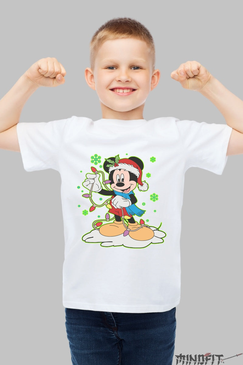 Tricou De Craciun Copii - Spiridusul Mickey Vesel baiat alb