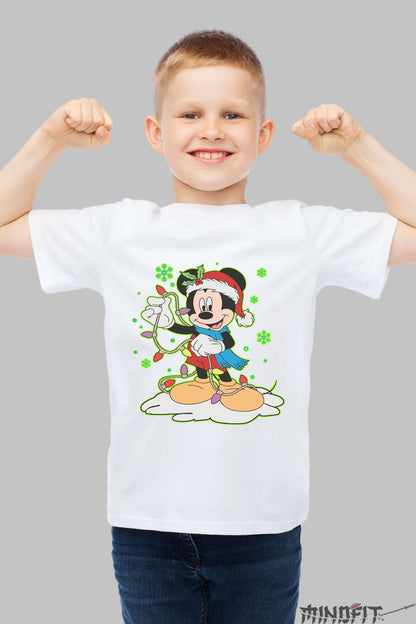 Tricou De Craciun Copii - Spiridusul Mickey Vesel baiat alb
