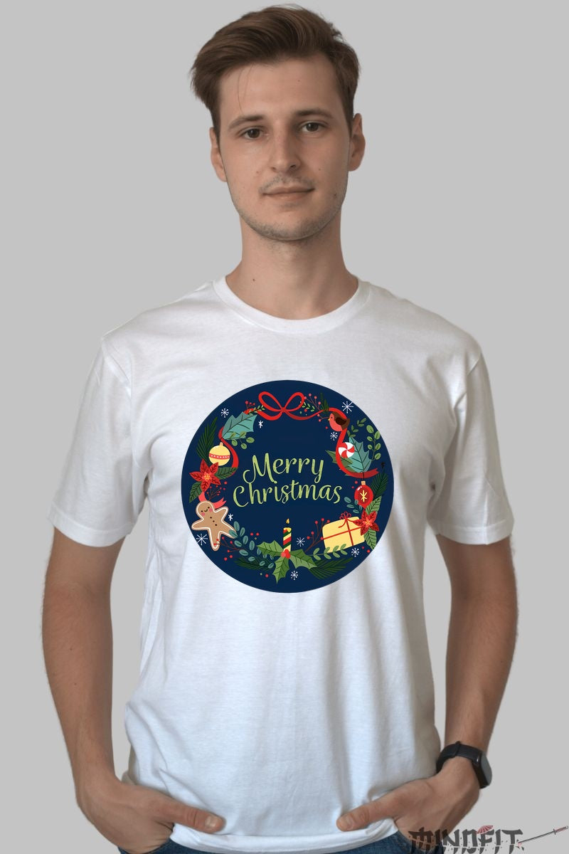 Tricou De Craciun - Coroana Festiva Merry Christmas barbat alb