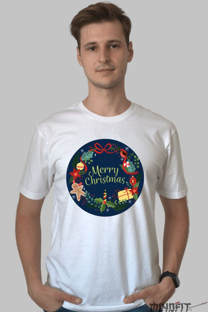Tricou De Craciun - Coroana Festiva Merry Christmas barbat alb