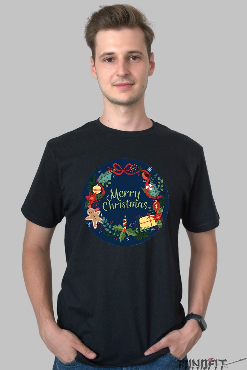 Tricou De Craciun - Coroana Festiva Merry Christmas barbat negru