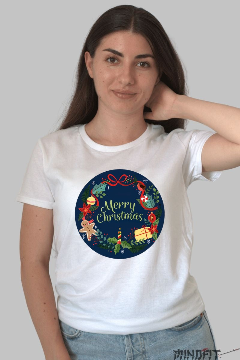 Tricou De Craciun - Coroana Festiva Merry Christmas dama alb