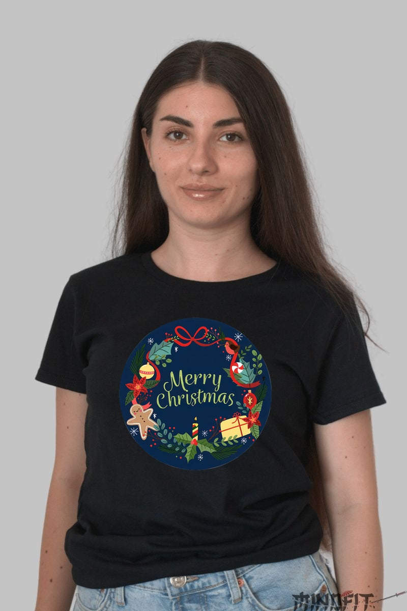 Tricou De Craciun - Coroana Festiva Merry Christmas dama negru