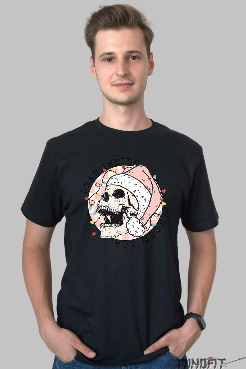 Tricou De Craciun - Craniu Festiv Cu Caciula barbat negru