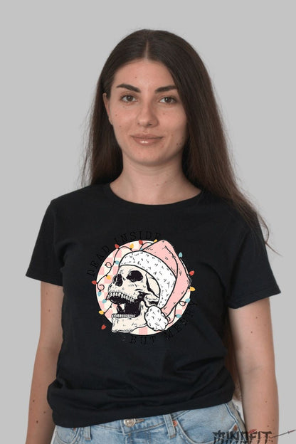 Tricou De Craciun - Craniu Festiv Cu Caciula dama negru