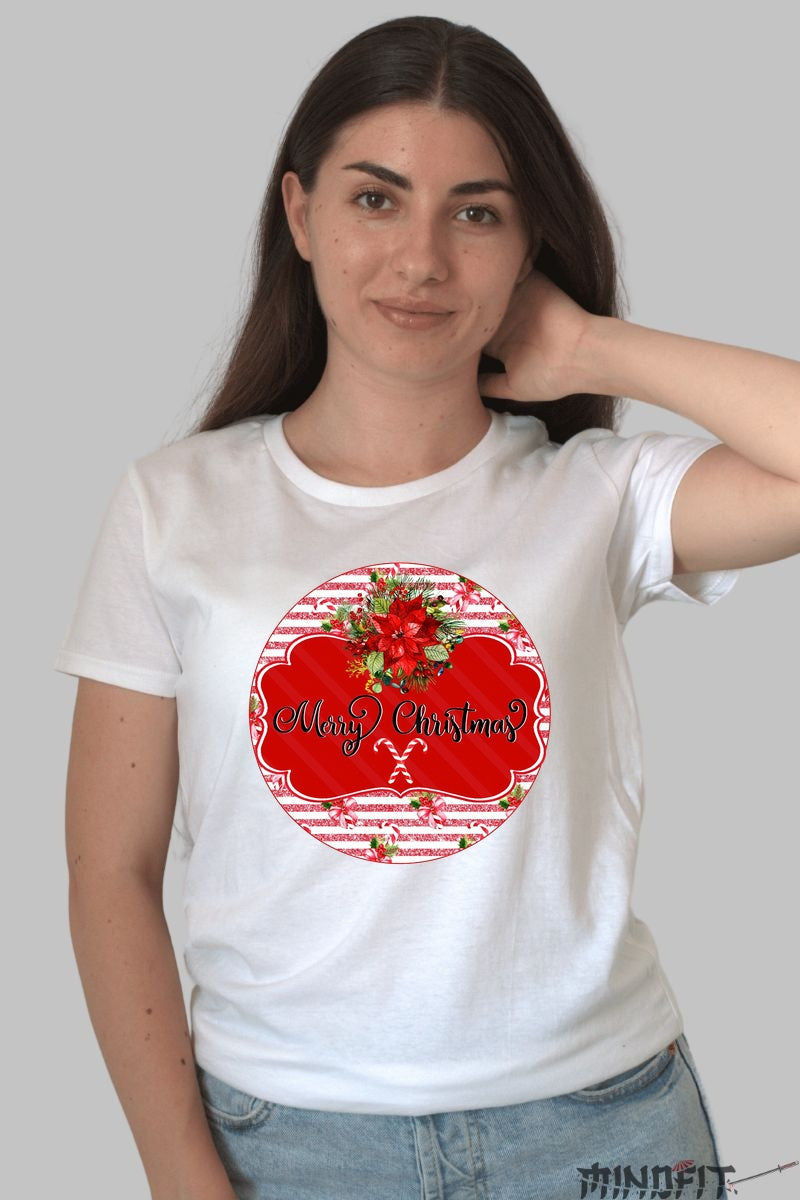 Tricou De Craciun - Design Floral Merry Christmas dama alb