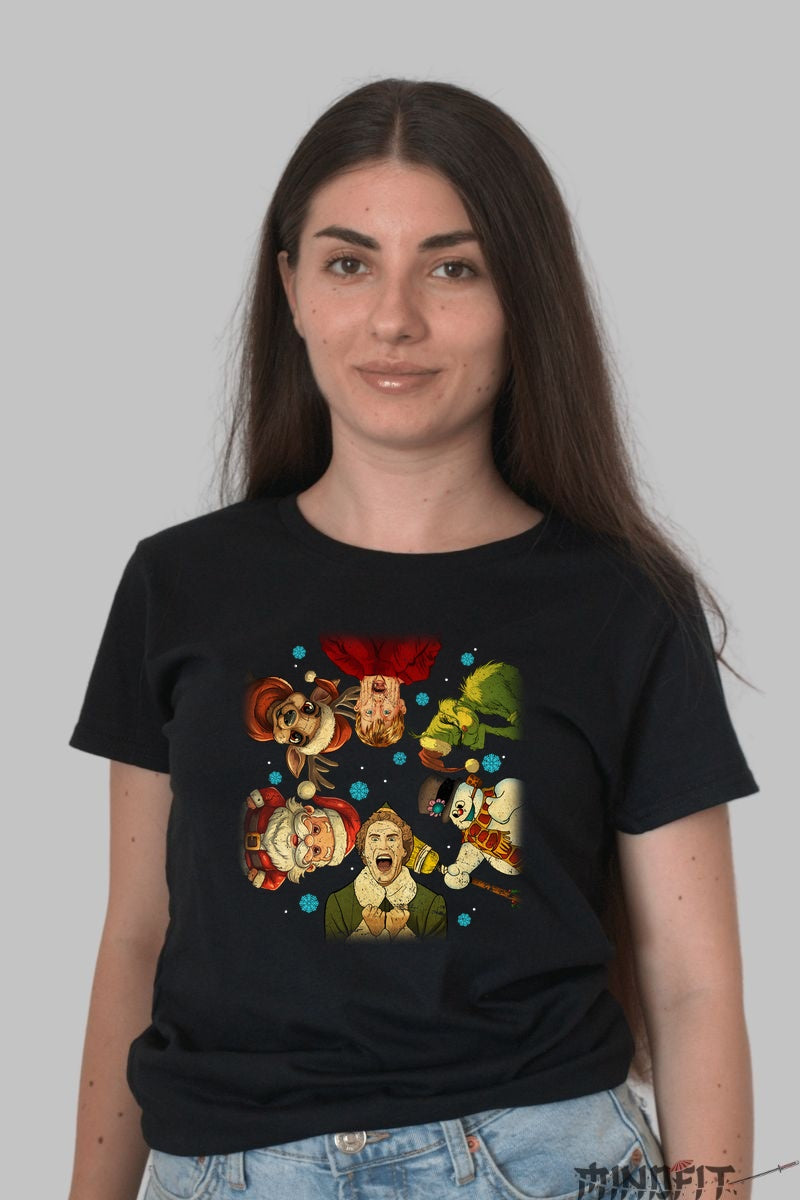 Tricou De Craciun - Eroii Sarbatorilor in Stil Comic dama negru