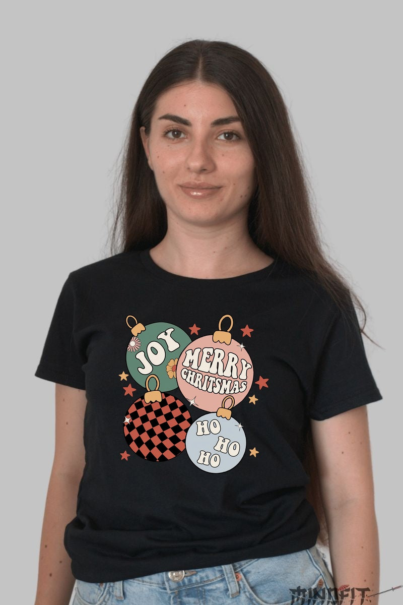 Tricou De Craciun - Globuri Festive Joy Ho Ho Ho dama negru